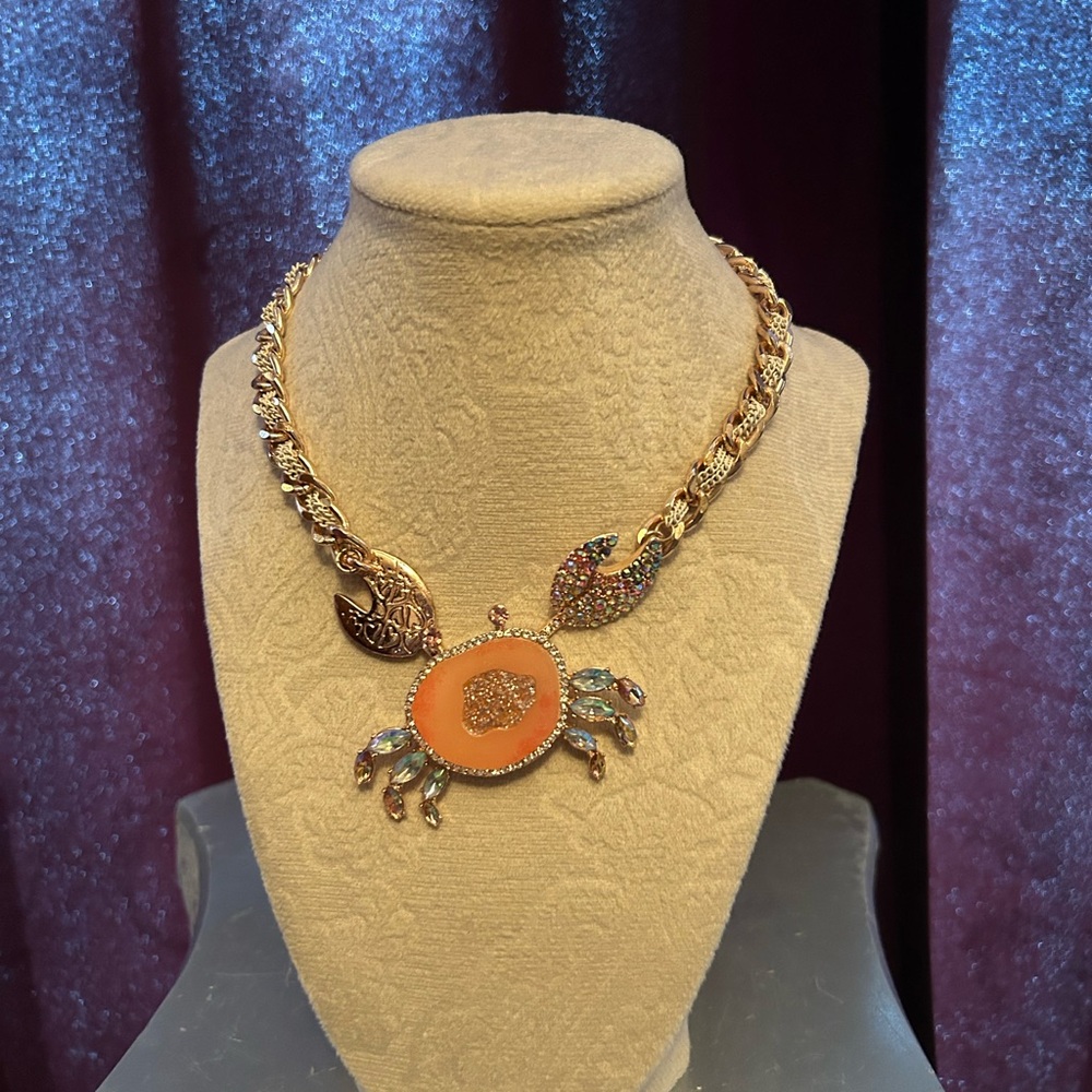 Gold and Pink Crab Pendant Rhinestone Necklace